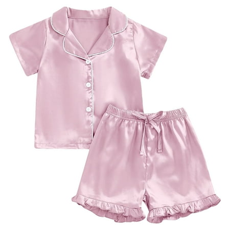 Girl Pjs Hot Pink Silk Pajamas Girls Satin Pajamas Set Button Down 2 Piece Silk Pjs Shorts Set Ruffle Sleepwear Pink 10-11 Years