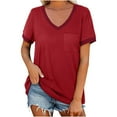 thumbnail image 2 of GaThRRgYP Womens Shirts under $5,Women's Loose Casual Solid Color Patchwork V-neck Short Sleeved Top Red M, 2 of 9