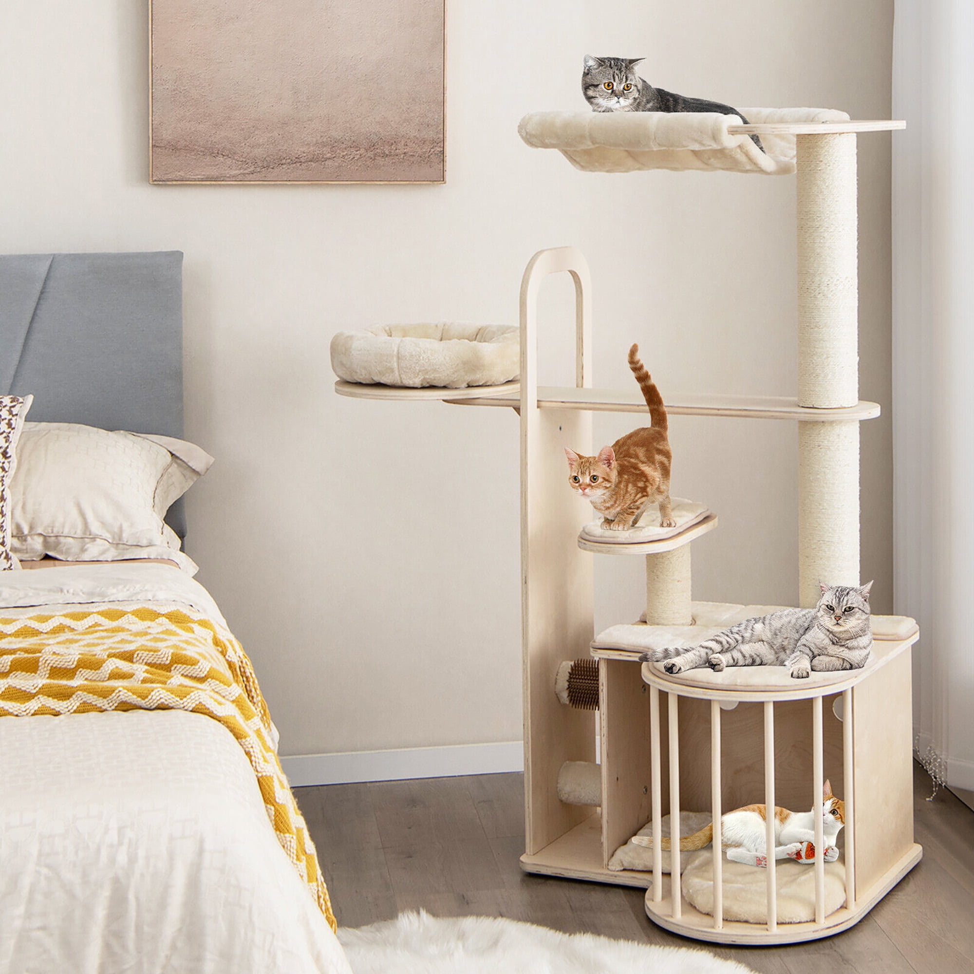 Gymax 55'' Tall Cat Tree Tower Multi-Layer Wooden Activity Center w/ Rest Condo & Hammock