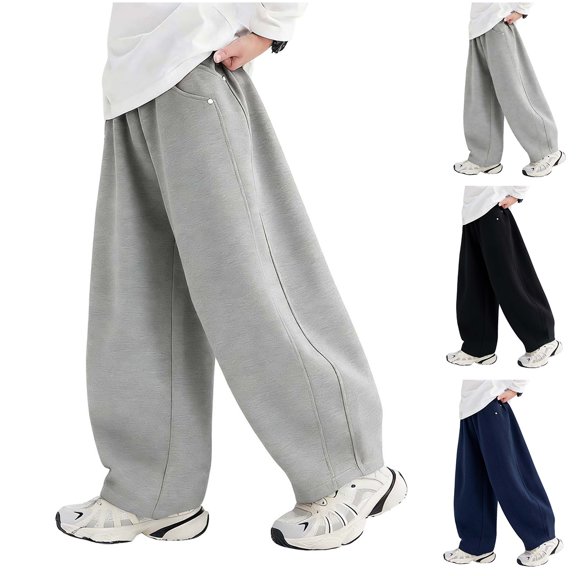 Afuyipoi Boys Solid Color Sweatpants Size 4-15 Adjustable Wide Leg Waist 100% Cotton Loose Fit Casual Long Pants for Kids Outdoor Play Gray Size 6