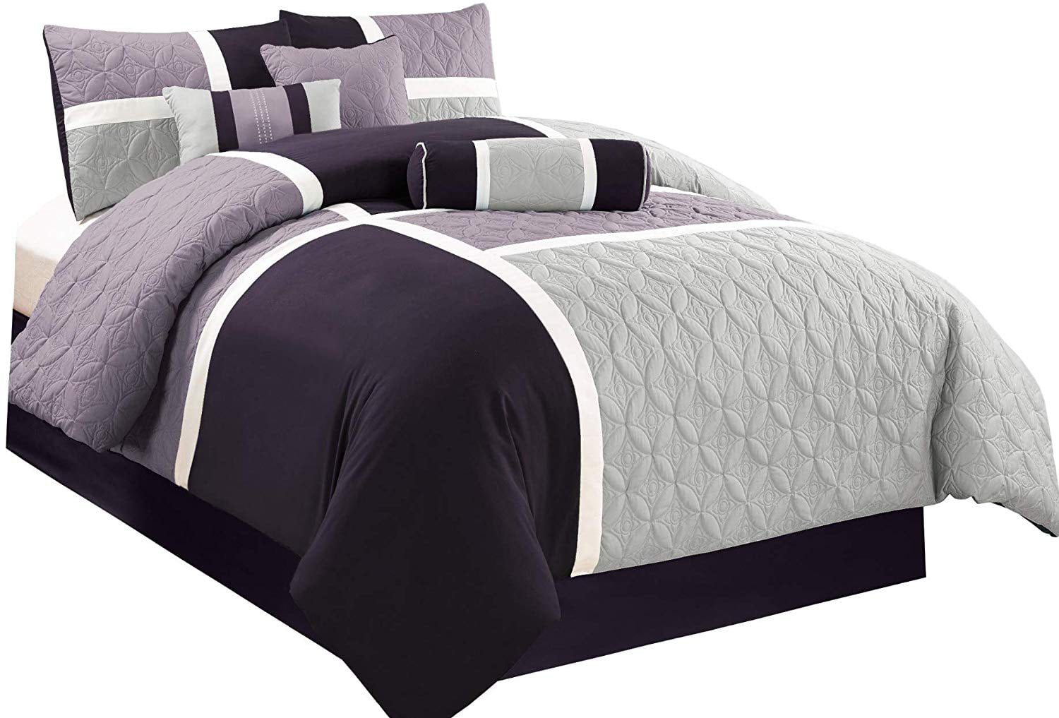 Chezmoi Collection 7pc Medallion Quilted Patchwork Comforter Set Blue/Gray/Black 