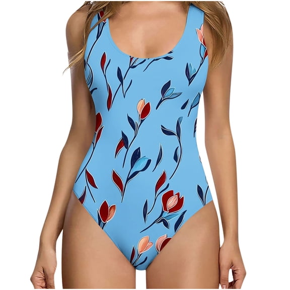 YUGYXL Womens Color Block Print One Piece Swimsuits Athletic Training Swimwear Bathing Suits Light Blue L