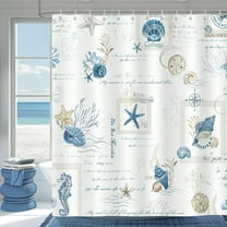 Nautical Shower Curtain, Coastal Beach Seashell Starfish Seahorse Retro Stamp Bathroom Curtain 72 x 72 Inch Polyester Fabric Waterproof Bath Curtain with 12 Hooks