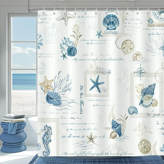 Nautical Shower Curtain, Coastal Beach Seashell Starfish Seahorse Retro Stamp Bathroom Curtain 72 x 72 Inch Polyester Fabric Waterproof Bath Curtain with 12 Hooks