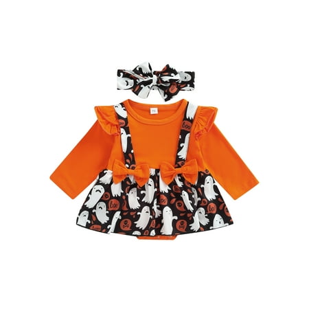 

Calsunbaby Baby Girls Halloween Outfits Long Sleeve Romper Headband Clothes Printed Bow Stitching Fake-two Bodysuit Dress Orange Ghost 6-12 Months