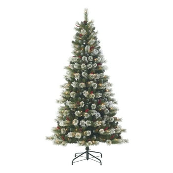 Holiday Time 7.5ft Pre-Lit Flocked Sparkling Pine Artificial Christmas Tree, Clear, Green, 7.5'