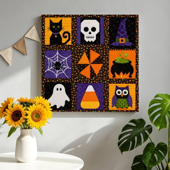Halloween Canvas Wall Art for Living Room, Retro Spooky Black Cat Skull Witch Hat Spiderweb Candy Corn Poster Print Painting for Bedroom Office Home Decoration Wall Pictures Prepare To Hang 10"x10"