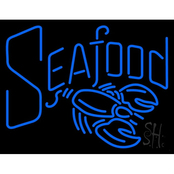 Seafood LED Neon Sign 24 x 31 - inches, Black Square Cut Acrylic Backing, with Dimmer - Bright and Premium built indoor LED Neon Sign for restaurant window and interior decor.