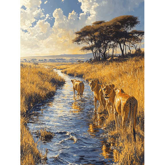 African Lionesses Stream Canvas Art Print,Suitable for Living Room,Office,Hallway,Bathroom Decoration
