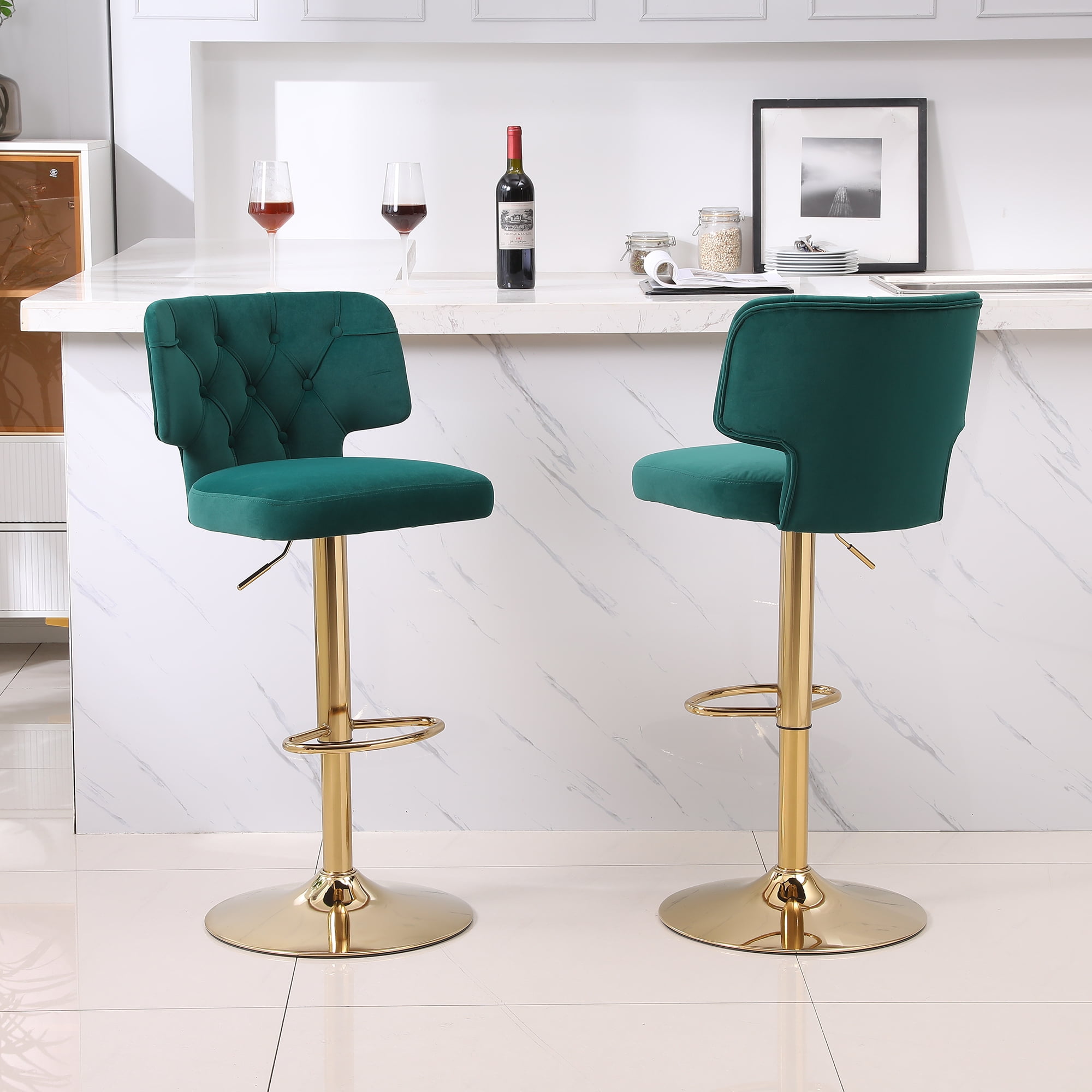 Kadyn Set of 2 Adjustable Swivel Bar Stools Chair with Back& Footrest for Home, Emerald Kadyn Set of 2 Adjustable Swivel Bar Stools Chair with Back& Footrest for Home, Emerald