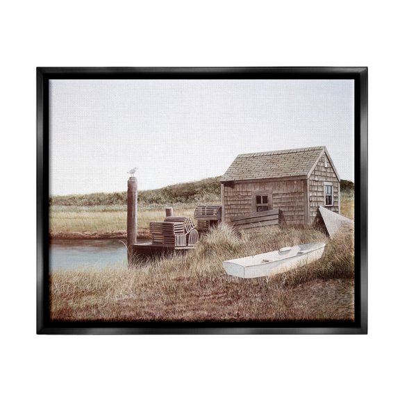 Stupell Industries Rural Seaside Cabin Seagull Perched Canoe Boat Painting Jet Black Floating Framed Canvas Print Wall Art, Design by Tom Mielko