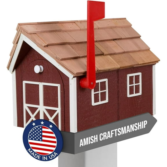 Amish Cedar Roof Wooden Mailbox with Window & Door Trim, Handcrafted Mailboxes for Outside, Post Mount Residential Mailboxes - (Red with White Trim)