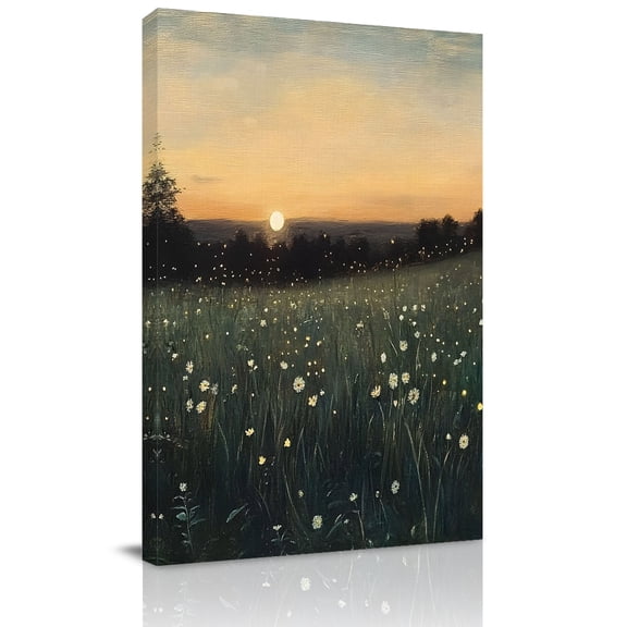 Canvas Wall Art, Field Wildflowers Framed Canvas Prints for Bathroom Hallway, Pastoral Dreamy Nightfall Nature Small Gallery Wrapped Wall Decor for Home Office, Gifts, 8"x10" Ship Next Day