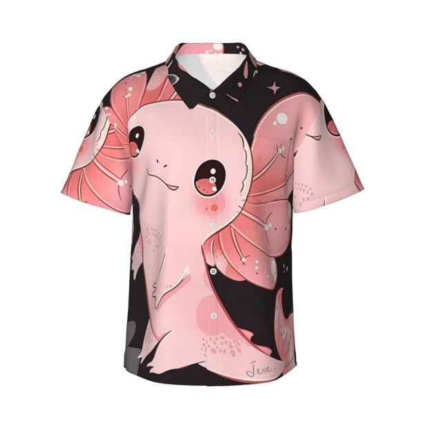 Fotbe Cute Axolotl Sakura Blossoms A Camisa Hawaiana para Hombre Unisex – Camisa Casual de Verano con Botones de Manga Corta de Algodón y Lino,X-Large