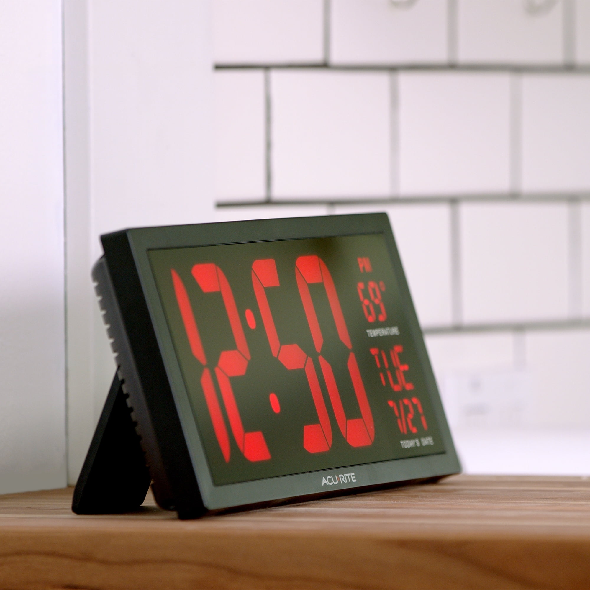 AcuRite Large 14.5" Digital LED Oversized Wall Clock with Date, Temperature and Fold-Out Stand, Red