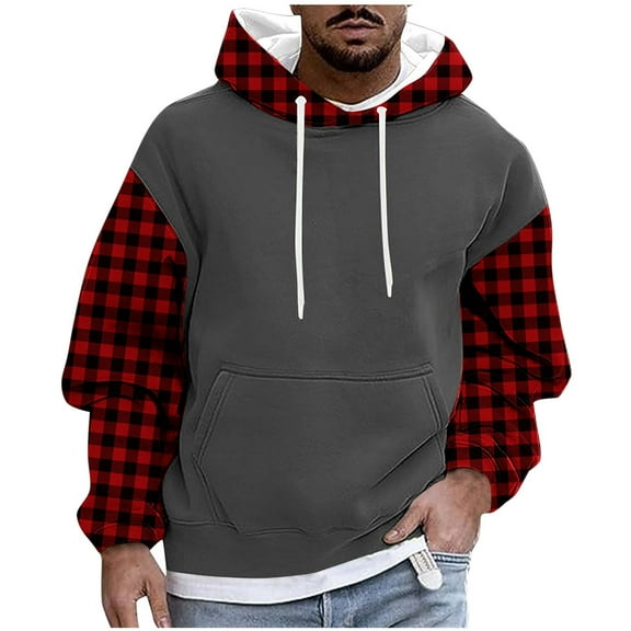 Atogsazn Men's Fleece Lined Hoodies Oversized Plaid Long Sleeve Hooded Sweatshirt Pullover Sweatshirts Fall 03-Red XXXL Fashion