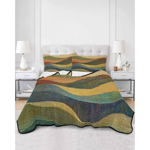 Quilts King Size, Vintage Green Yellow Soft Comforter Bedding Set for Bed, Farmhouse Retro Art Lightweight Quilted Bedspread with Pillow Cover(2 Pieces) for All Season, 96x106 Inch