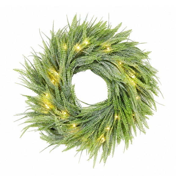 24 Inch Pre‑lit Christmas Wreath,Artificial Winter Wreath with 30 Warm White LED Lights 8 Modes Timer, Snow‑Dusted Greenery Wreath for Front Door Wall Window Holiday Home Decoration