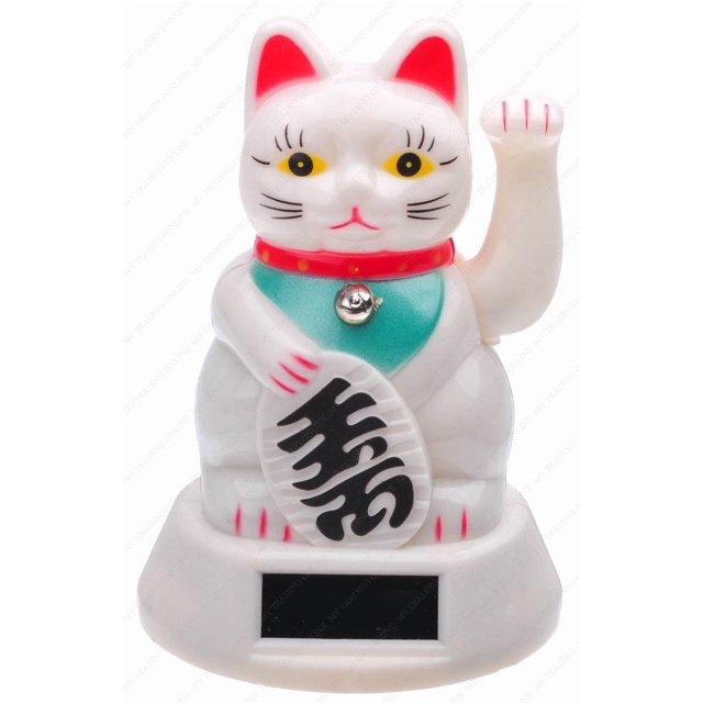 M.V. Trading Japanese Maneki Neko Fortune Cat Lucky Cat White Battery Operated Also Solar Powered with Waving Arm, 5-Inches