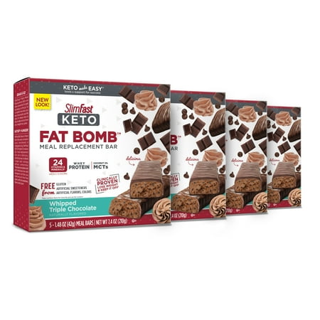 SlimFast Keto Meal Replacement Bar, Whipped Triple Chocolate, 5 Count Box, Pack of 4