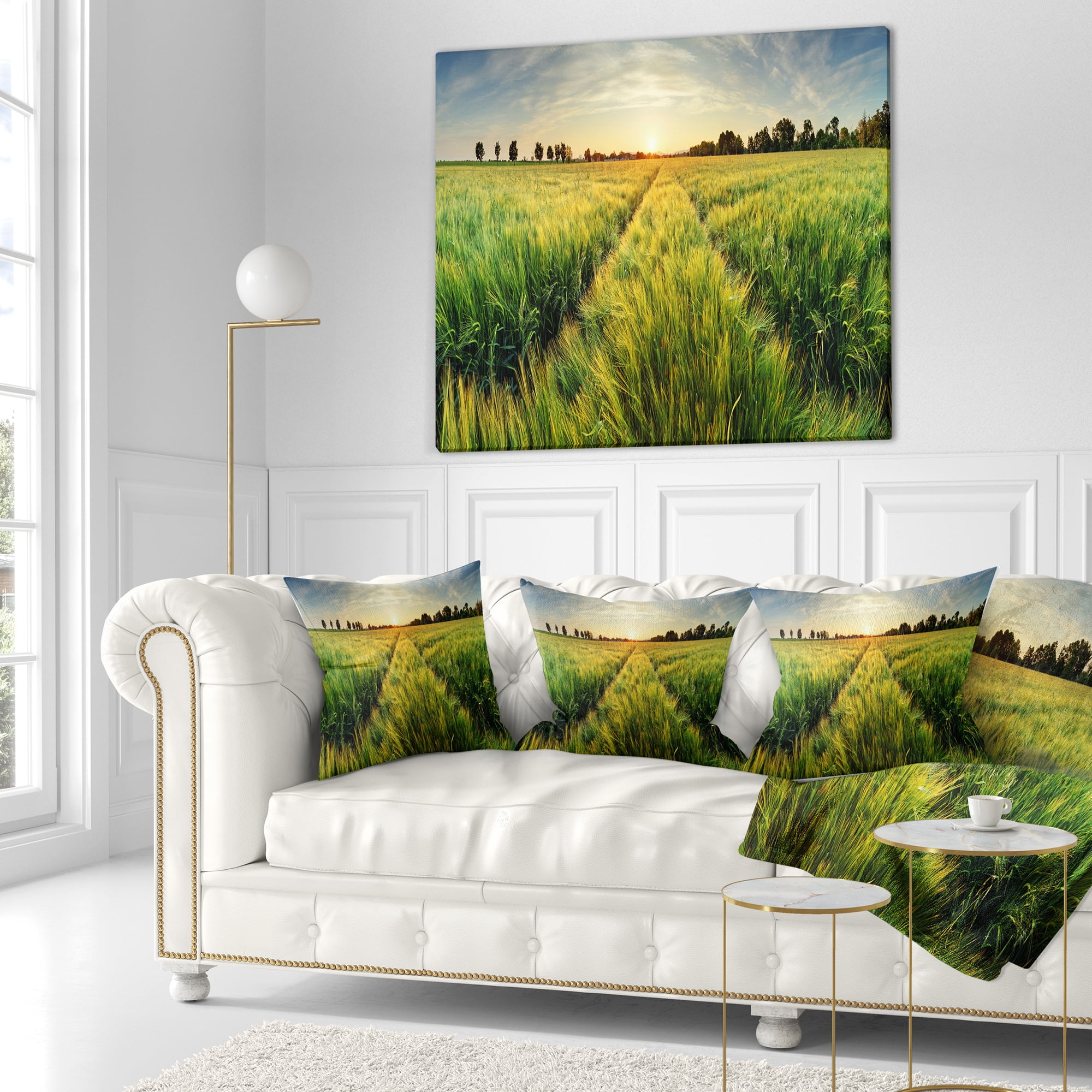 Designart Green Wheat Field at Sunset - Landscape Photography Throw Pillow - 18x18