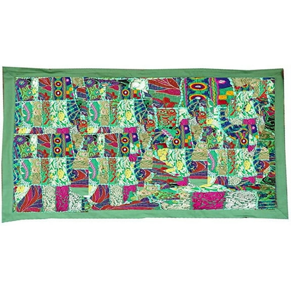 Rastogi Handicrafts Indian Handmade Embroidered Patchwork Old Hanging Wall Art Vintage Tapestry Old Sari Cutting Wall Hanging Parda (Green, 20 X 40 INCH)