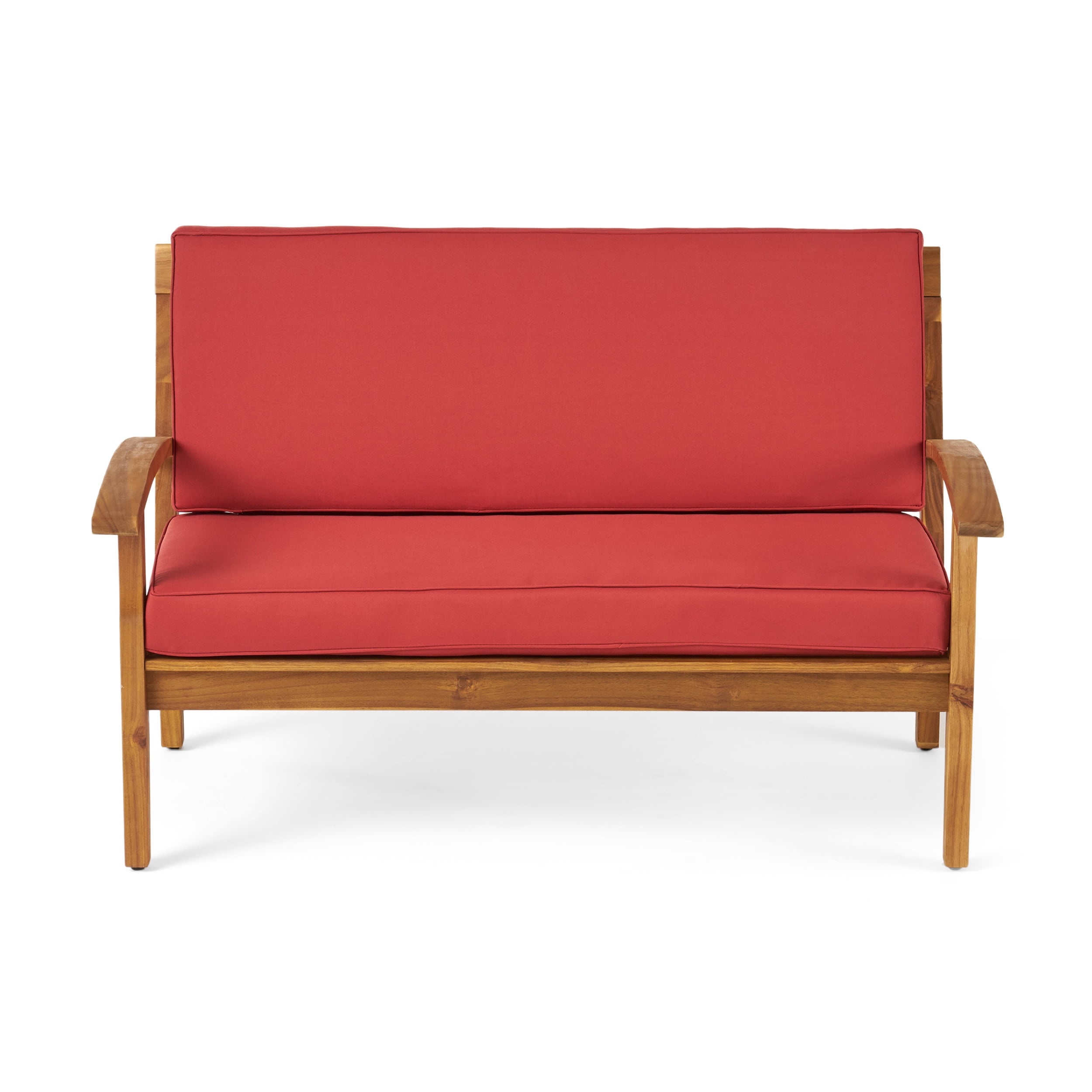 Outdoor Loveseat and Coffee Table Combined Leisure Set, Acacia Wood Frame Furniture for Patio Garden, Red