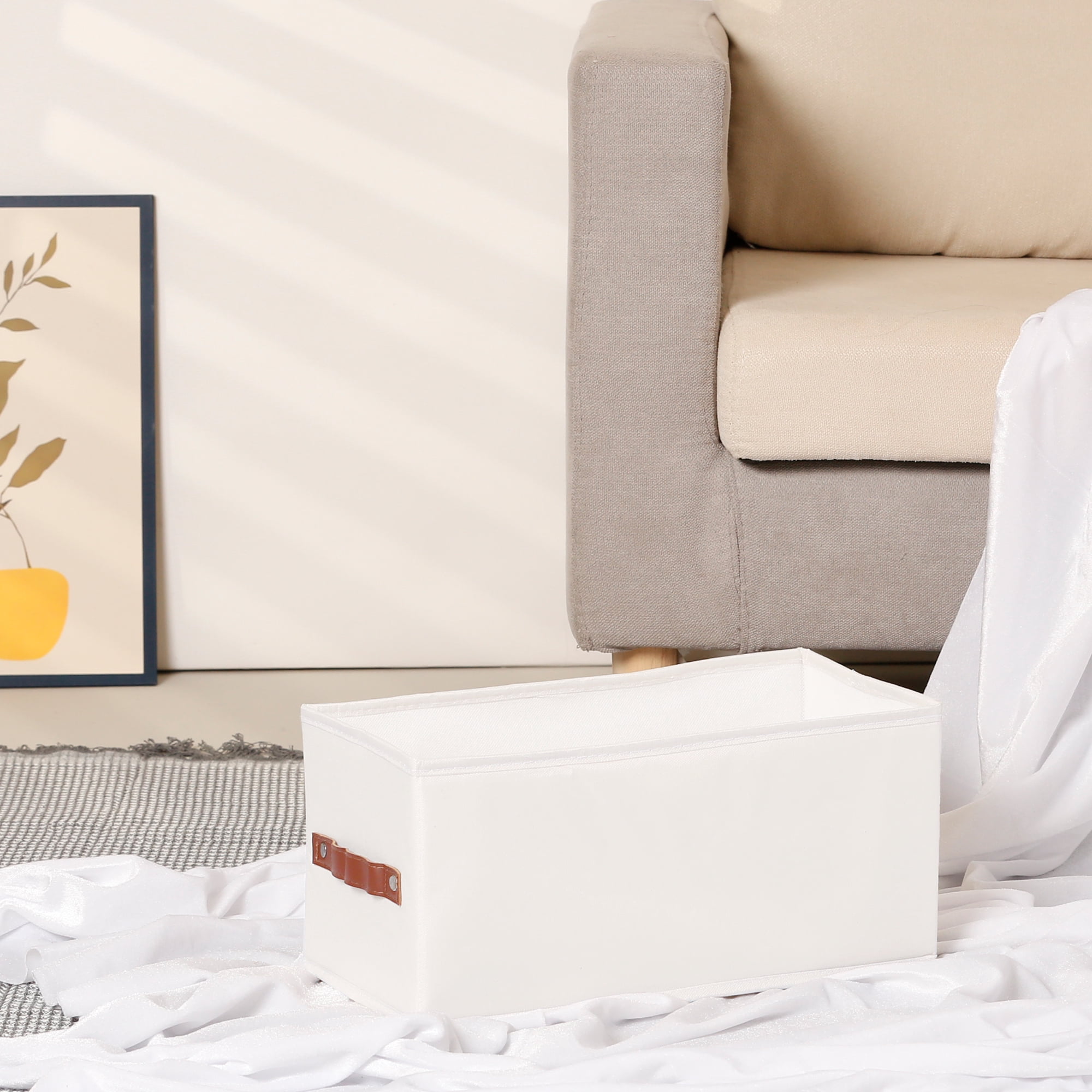 Unique Bargains Storage Cube Fabric Foldable Basket with Handles for Shelves 1pcs White M