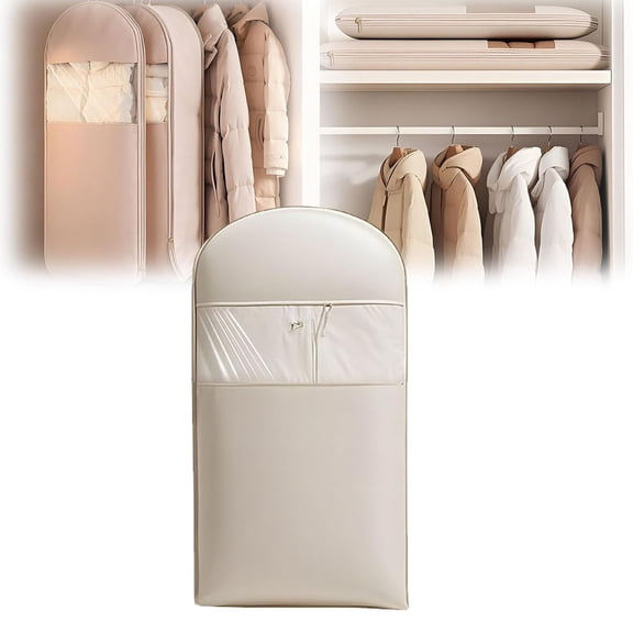Space Saving Hanging Garment Bag with Self Compression Zipper, Dust Cover Clothes Bags for Down Coat, Ultra Space Saving Self Compression Organizer Protector Beige M