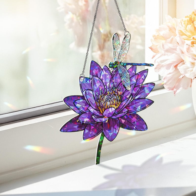 ViciArt Dragonfly Water Lily Suncatcher – 9" Holographic Acrylic Window Hanging, Purple Floral Decor