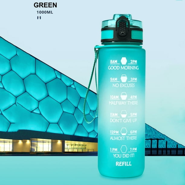 Botella de agua libre de BPA de 1000 ml con medidas - Botella deportiva impermeable para gimnasio, senderismo y acampada - Botella portátil de hidratación con tapa cerrante