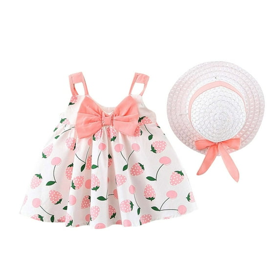 Odeerbi Toddler Girl Summer Beach Dress with Sun Hat Kids Baby Bow Print Suspender Dress Hat Suit Pink