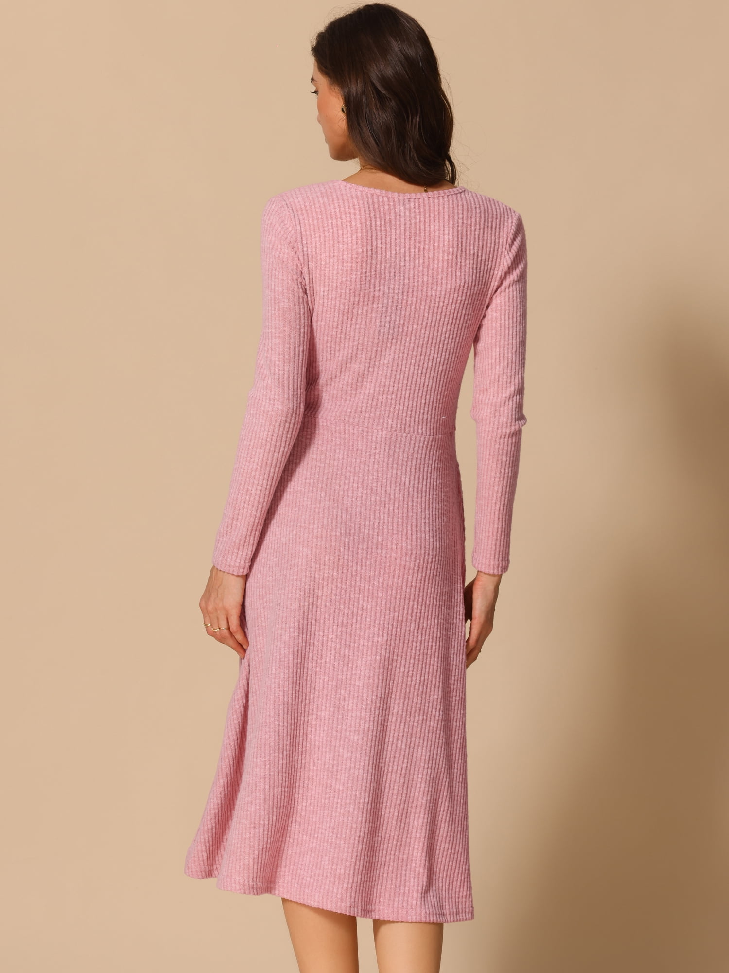 DARING DIVA Knit Ribbed Midi Deep V Wrap A-Line Dress M Pink