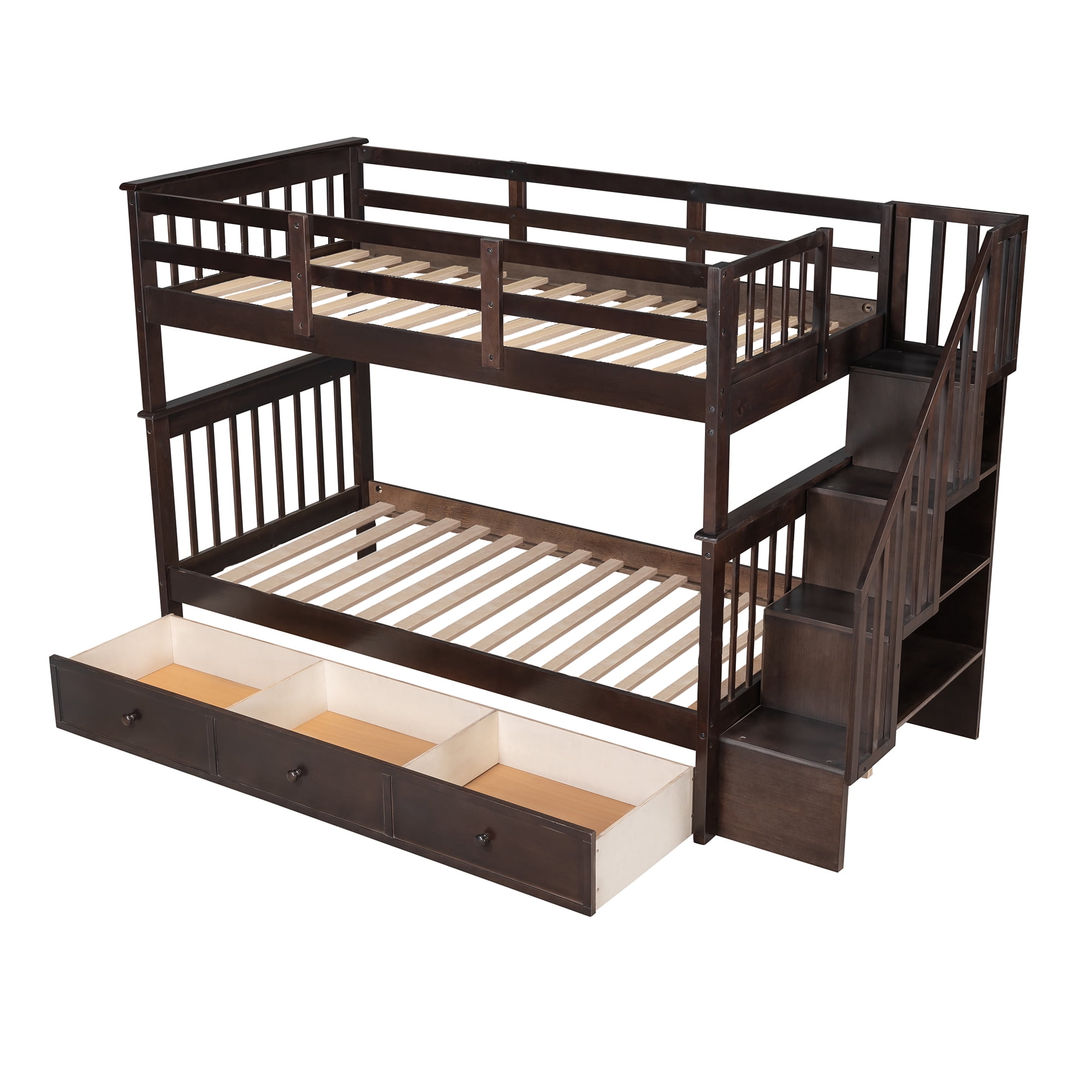 Mintazer Twin Over Twin Bunk Bed with Staircase & 3 Drawers, Kids Bunk Bed with Storage for Bedroom Guest Room, Espresso