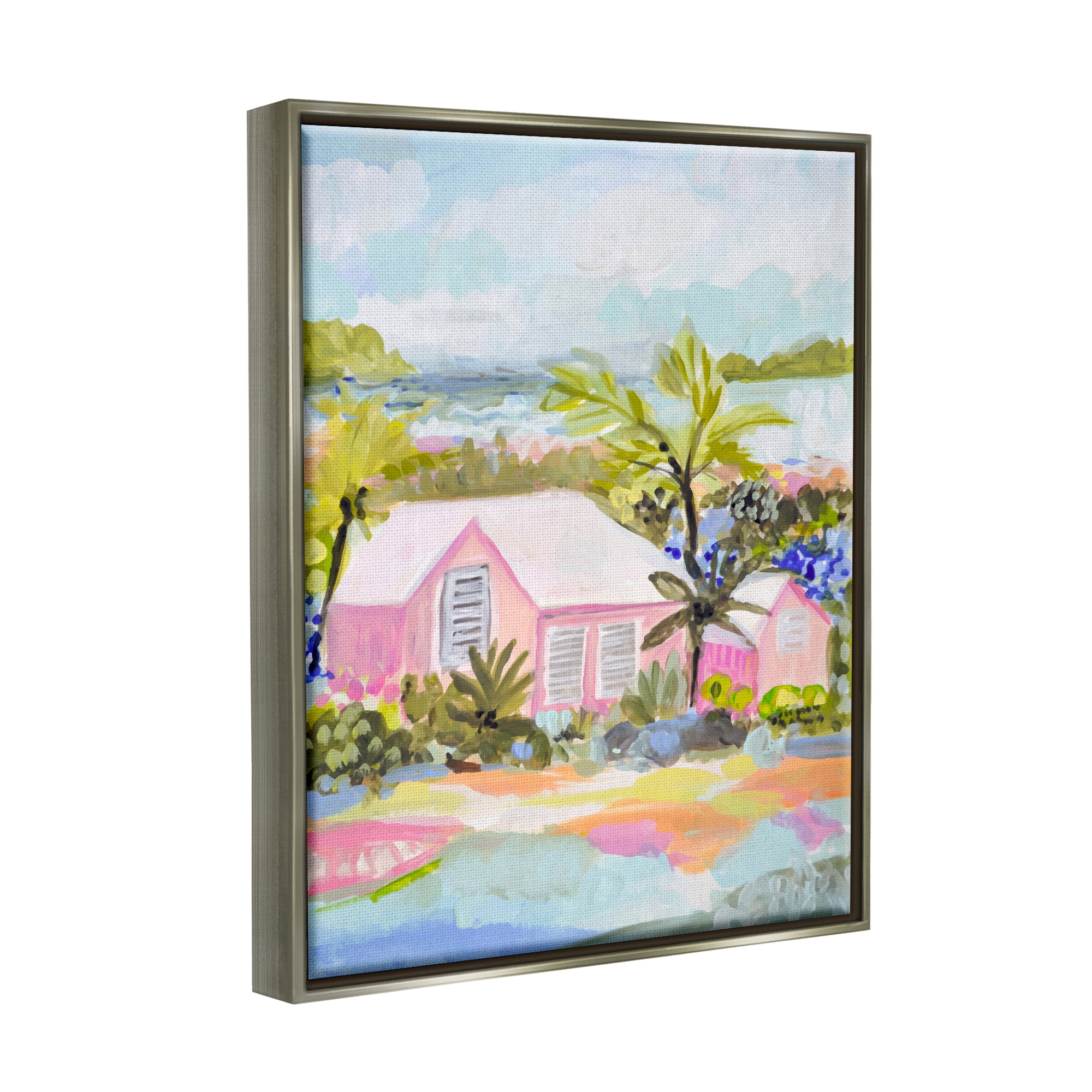 Stupell Industries Pink Tropical Cottage Landscape Painting Gray Floater Framed Canvas Art Print Wall Art, 25 x 31