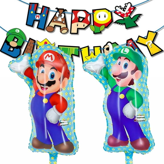 3 PCS Mari Bros Balloons Lui Balloons with happy birthday Banner Video Game Decoration Birthday Party Balloons