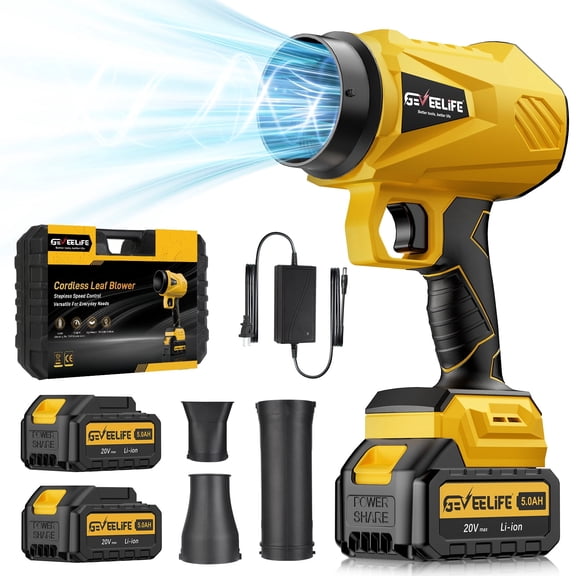 GEVEELIFE Leaf Blower Cordless 800000 RPM Cordless Turbo Jet Blower with 2 5.0Ah Batteries and Charger Handheld Blower for Patio Yellow