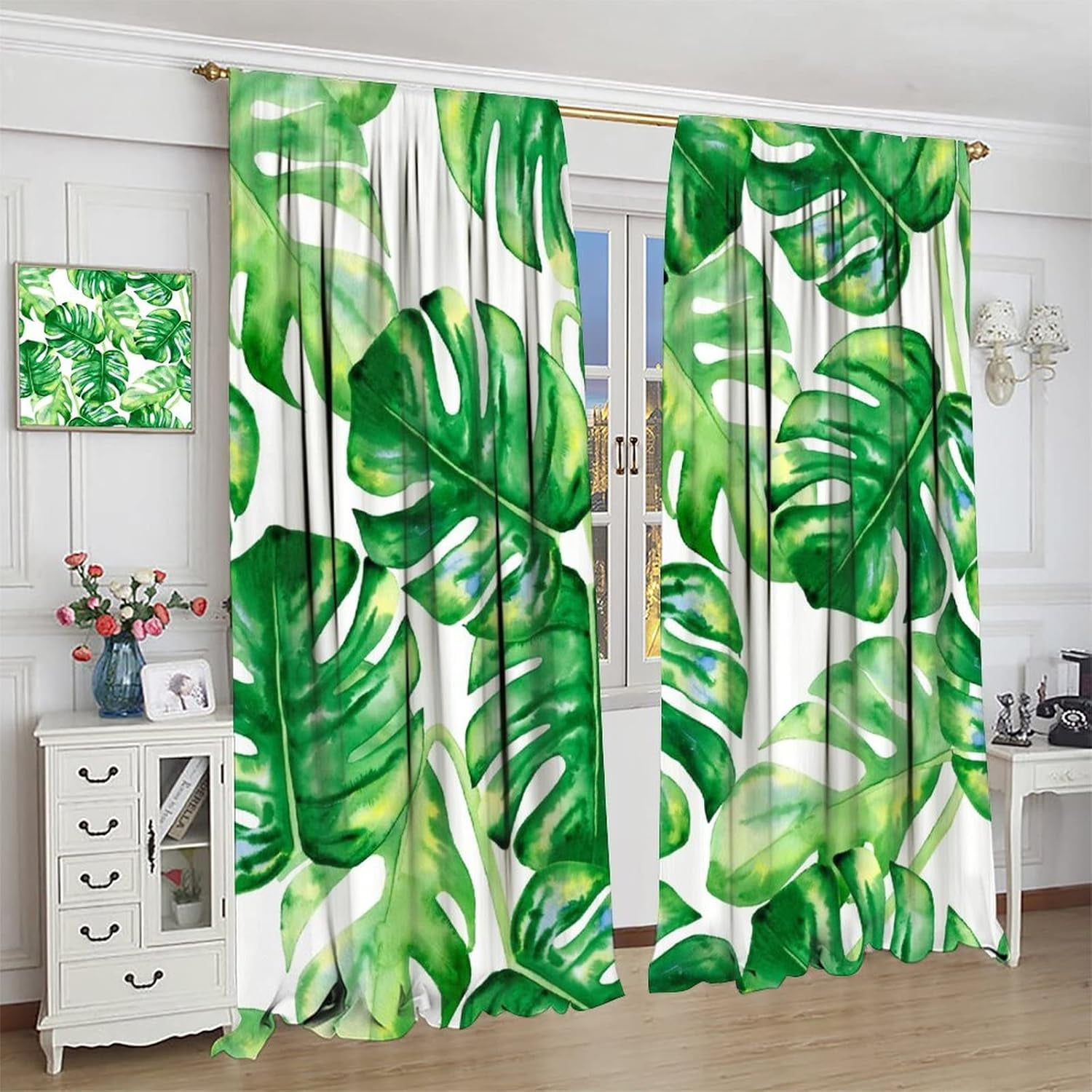 Tropical Green Plant Curtain Watercolor Botanical Banana Leaf Blackout Print Rod Pocket Window Drapes for Bedroom Living Room 42x54in
