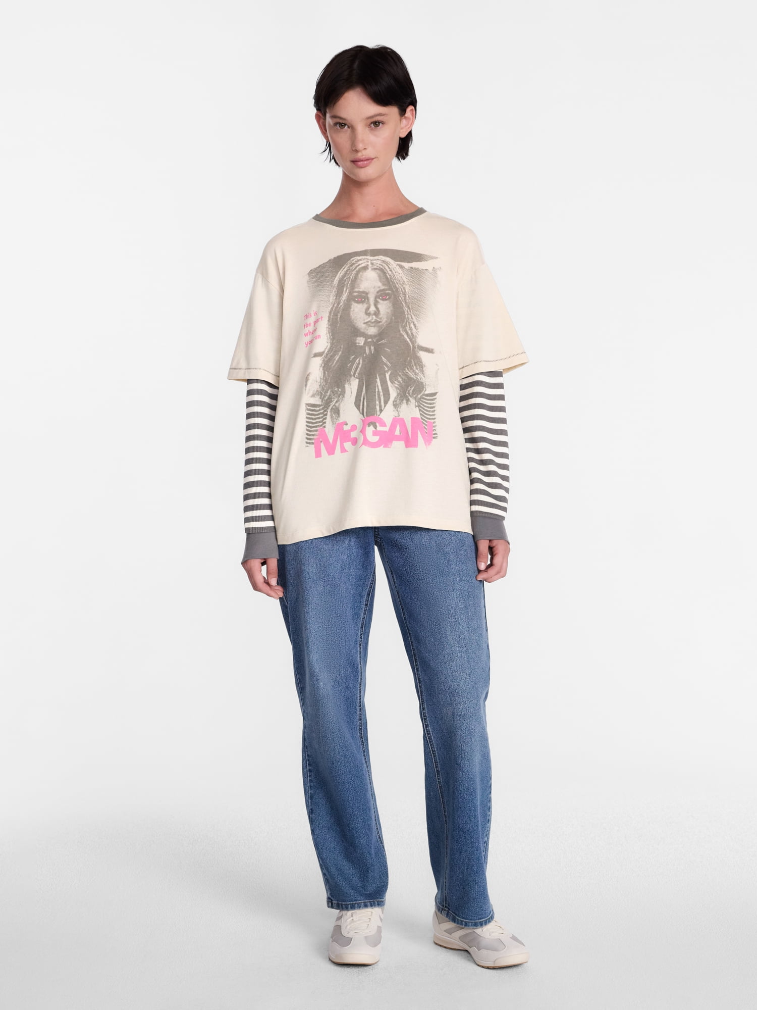M3GAN Women's Halloween Layered Look Graphic Tee with Long Sleeves, Sizes XXS-XXL