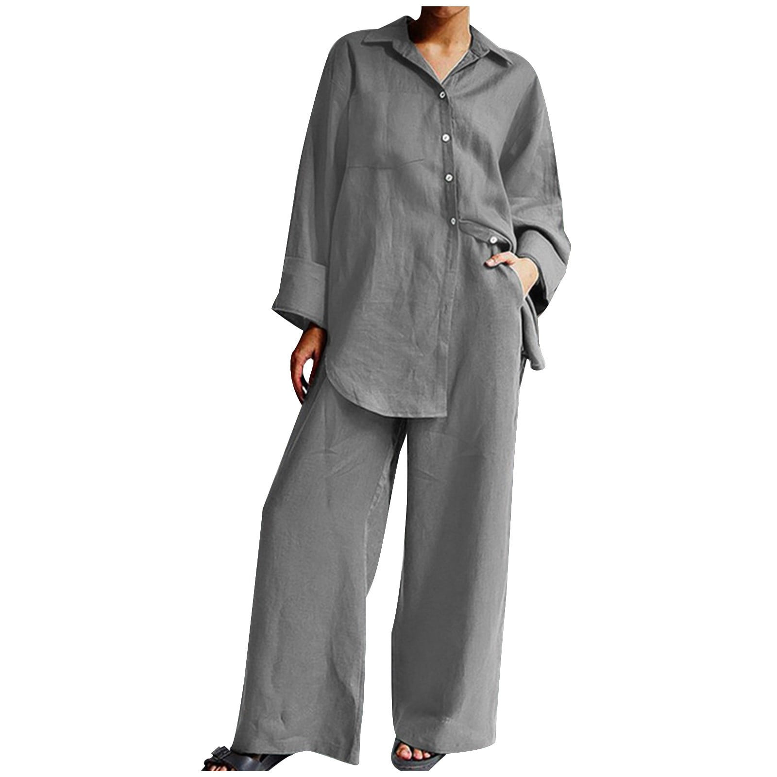 JNGSA Women's Two Piece Cotton Linen Set Plain Button Long Sleeve Shirt and  Wide Leg Pants with Pocket Loose Lounge Set Gray XXL