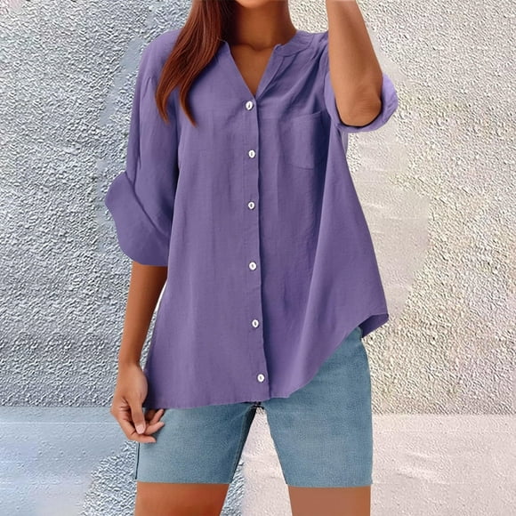 Aqestyerly Women's Oversized V-Neck Linen Shirt - 3/4 Sleeve Relaxed Fit Blouse,Casual Solid Color Top for Comfortable Summer Wear HWRETIE HWRETIE