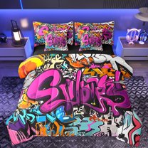 Homewish Chic Street Graffiti Bedding Comforter Set 7pcs for Kids, Cartoon Watercolor Queen Bedding Sets, Fashion Artwork Theme Reversible Queen Sheet Sets, Lightweight Room Decor