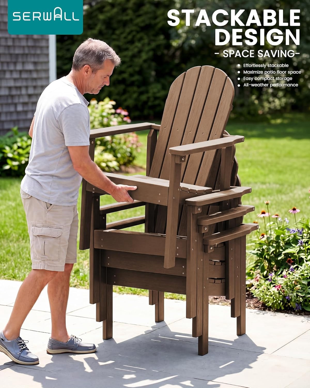 ZJTER Stackable Modern Adirondack Chair, HDPE Outdoor Patio Chair with Space-Saving Design, All-Weather Fire Pit Chair with Widened Seat for Deck, Backyard, Garden, Lawn (Brown)