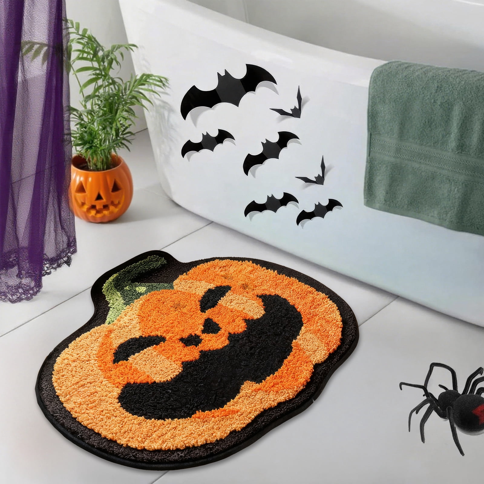 Sanmadrola Halloween Bath Rugs Mat Halloween Decoration Indoor Bath Mat Non Slip Bathroom Shower Rugs Pumpkin Shape Super Absorbent Machine Washable 24''x24''