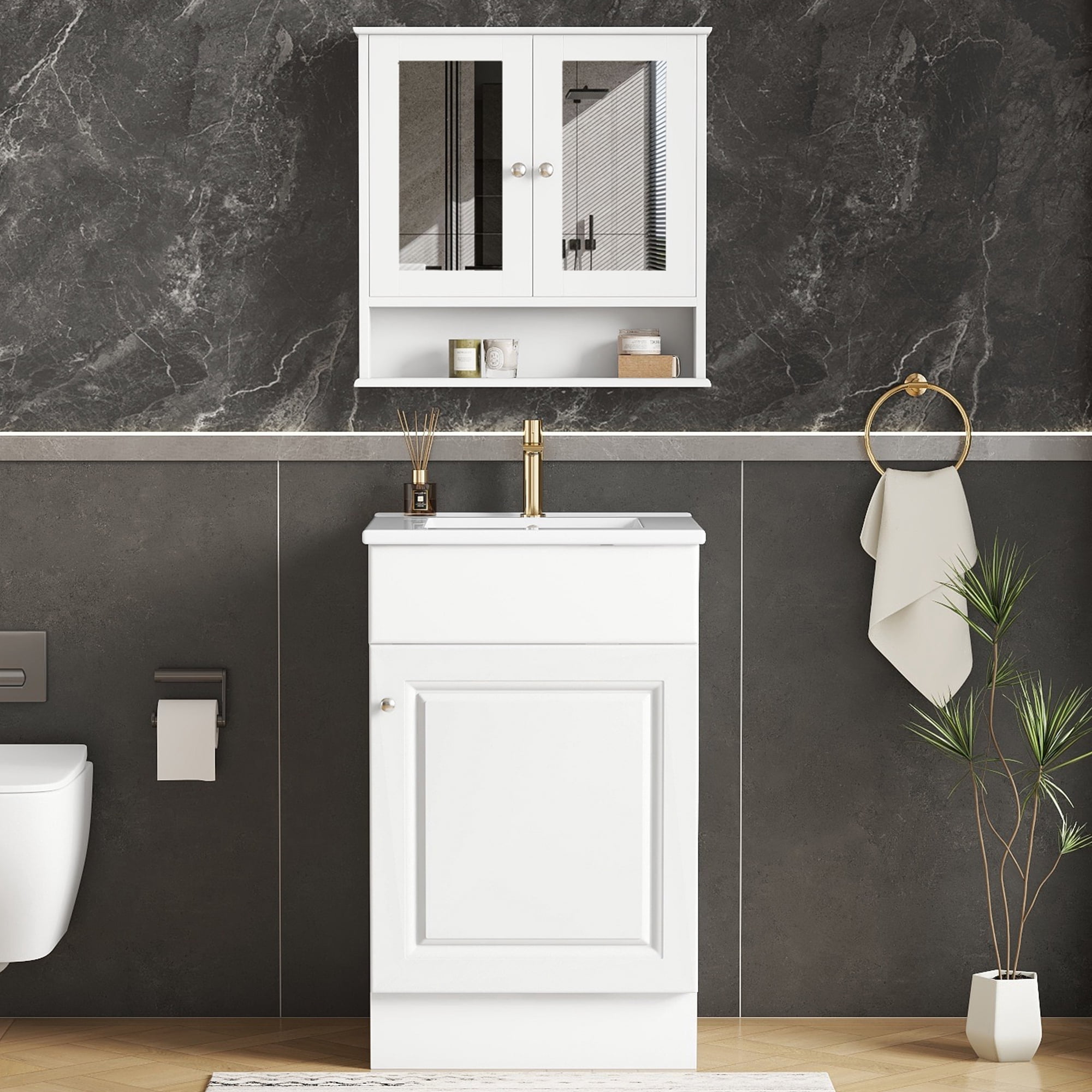 Euroco 20" Bathroom Vanity with Matching Mirror Medicine Cabinet – Space-Saving Storage Cabinet & Ceramic Sink Combo