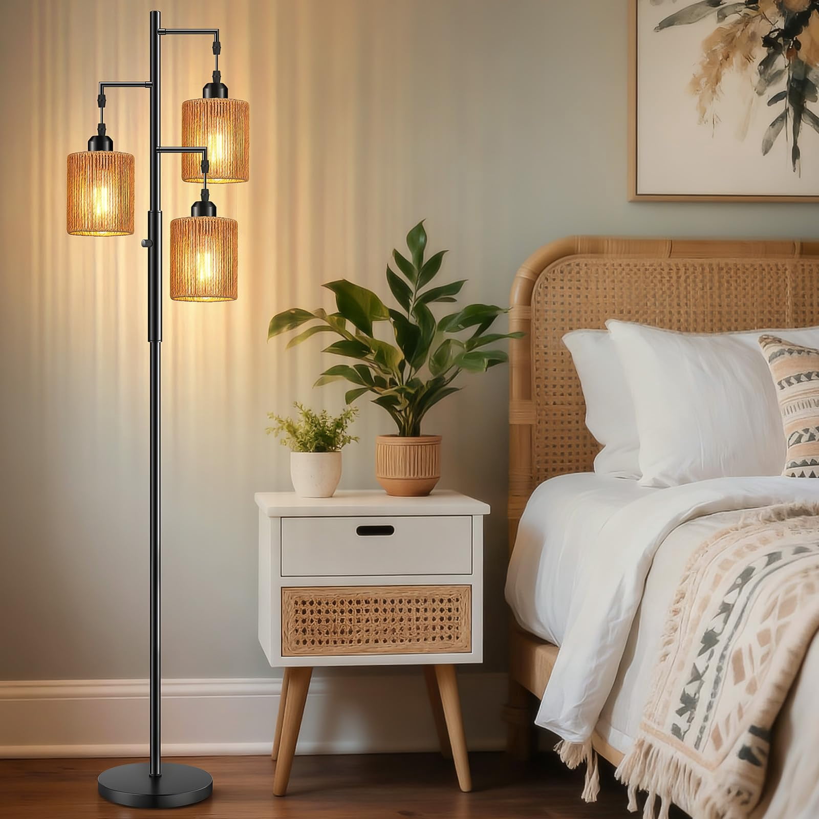 72" Boho Rattan Floor Lamp with Hand-Woven Paper Cord Shade, Dimmable Tree Lamp for Living Room