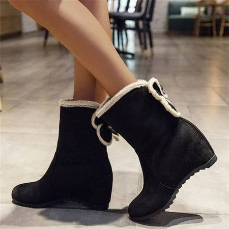 

NEGJ Ladies Fashion Solid Color Suede Bow Short Boots Plus Velvet Warm Wedge Heel Cotton Boots