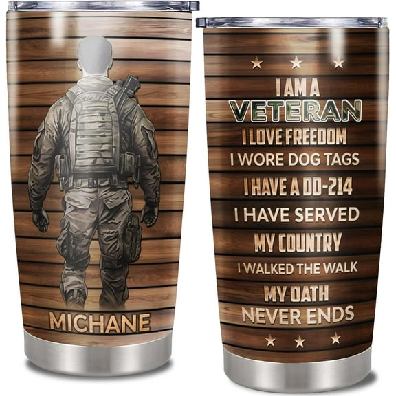 Personalized Veteran Tumbler Custom Name Retired Military Army Travel Coffee Insulated Cup With Lid Stainless Steel Double Walled Vacuum Gifts Veterans Day For Dad