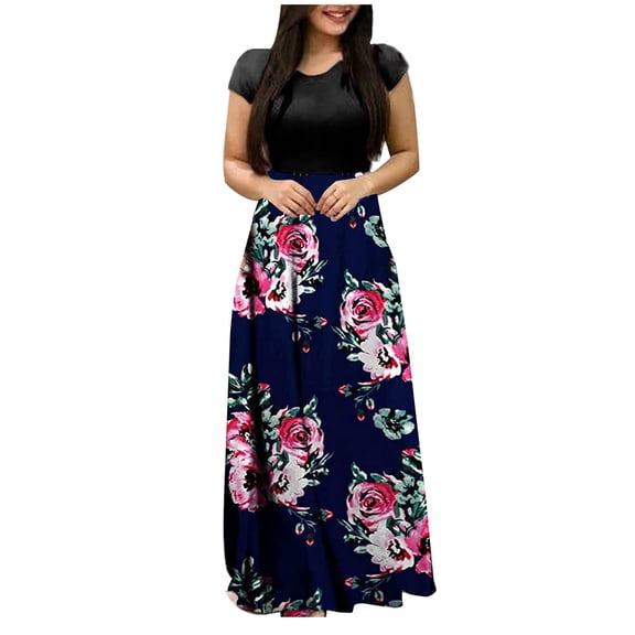 QUYUON Floral Maxi Dresses for Women Summer Crew Neck Short Sleeve T-Shirt Maxi Lone Dresses Floral Printed Pleated A-Line Dress Beach Sundress Loose Casual Flowy Sun Dress Navy-B Small
