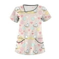 thumbnail image 3 of Scrubs Petite，Scrubs for Women Trendy Easter Printing Plus Size Scrubs Tops Casual V Neck Short Sleeve Uniform with Pocket，Light pink，XXL, 3 of 5